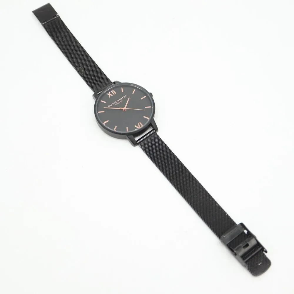 Olivia Burton Black Rose Gold Tone Watch 38mm Dial Steel Mesh Strap New Battery